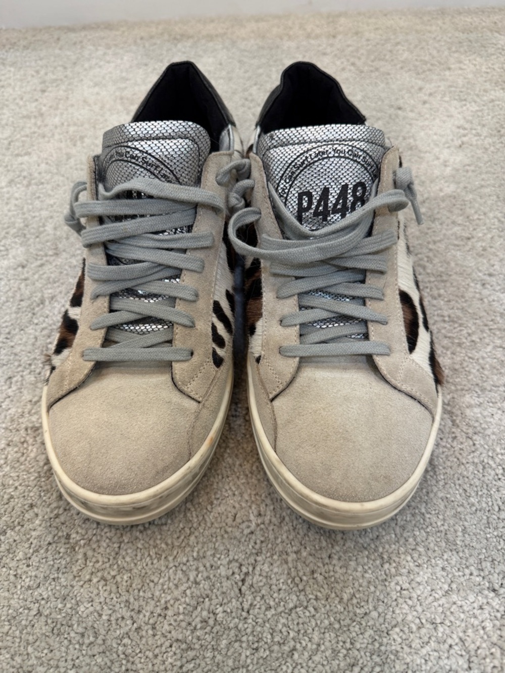 P448 Women's Light Gray Suede Sneakers with Leopard Haircalf & Silver Tongue